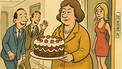 Dowcip: Żona dyrektora z tortem w biurowcu