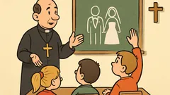 Dowcip: lekcja religii, ksiądz mówi o małżeństwie