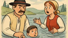 Dowcip: Góral z rodziną brodzi Dunajec